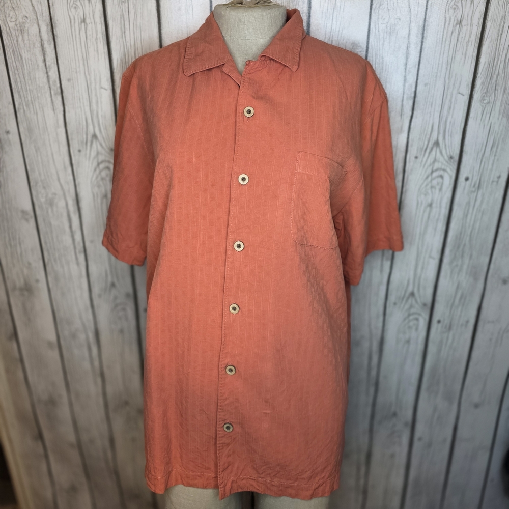 Tommy Bahama 100% Silk Orange Embroidered Pineapple Palm Tree Camp Shirt - M